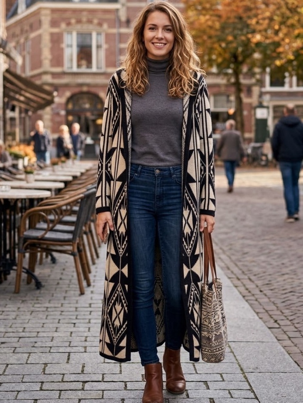 Forever 21 Long Knit Cardigan Aztec blue white Boho style size S